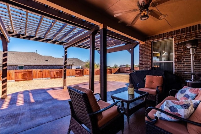 view of patio featuring ceiling fan, an outdoor living space, and a pergola