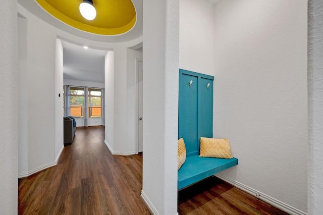 hallway with dark hardwood / wood-style flooring