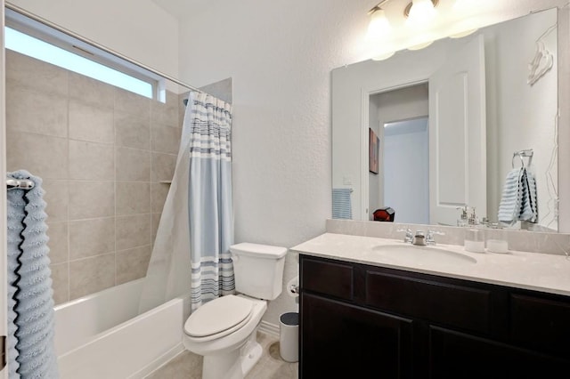 full bathroom with toilet, vanity, and shower / bathtub combination with curtain