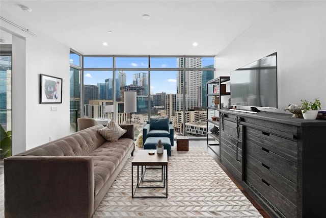 living room with floor to ceiling windows