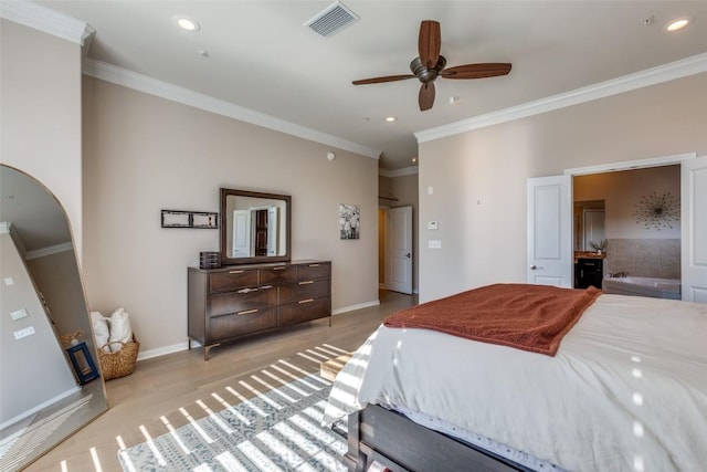 bedroom with crown molding, ceiling fan, and light wood-type flooring