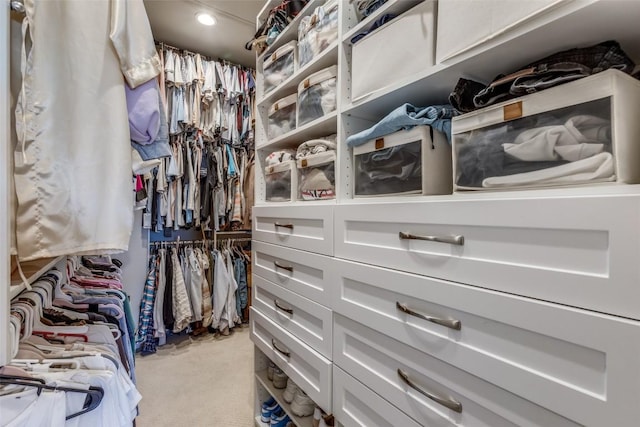 spacious closet featuring light colored carpet