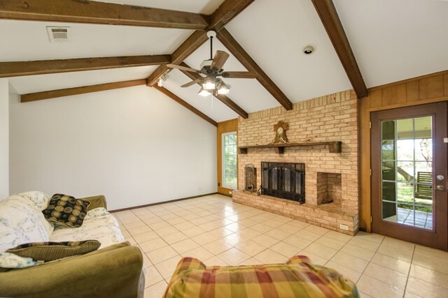 9304 Rock Way Dr, Austin, TX 78736 - living area with light tile patterned flooring, a fireplace, and ceiling fan