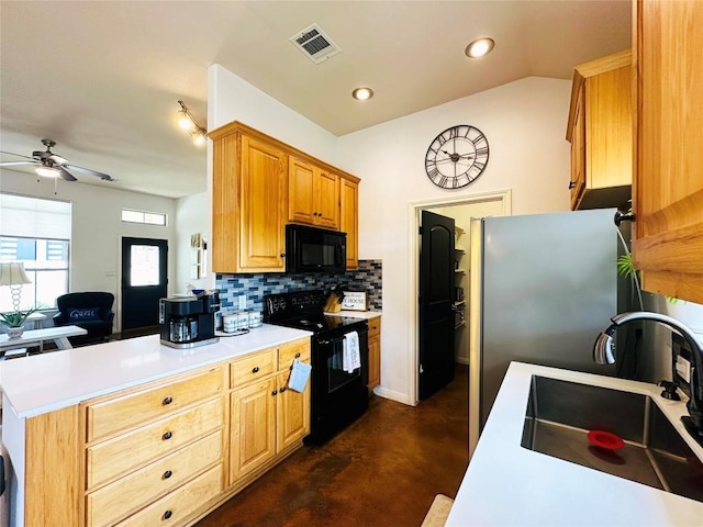 kitchen featuring lofted ceiling, black appliances, sink, ceiling fan, and decorative backsplash