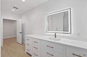 bathroom with vanity and hardwood / wood-style floors