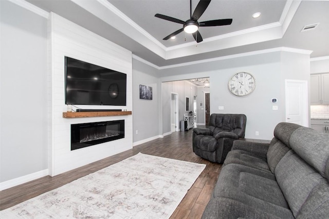 living room with crown molding, a large fireplace, dark hardwood / wood-style flooring, a raised ceiling, and ceiling fan