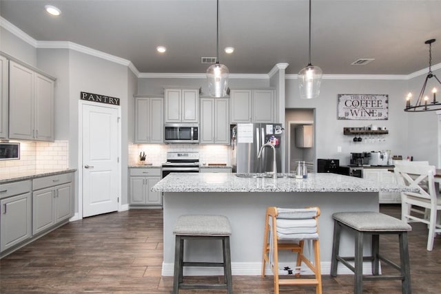 kitchen featuring stainless steel appliances, a kitchen island with sink, and decorative light fixtures