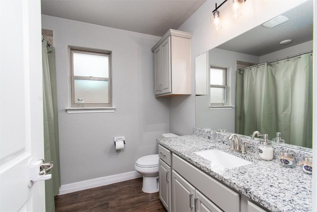 bathroom with vanity, hardwood / wood-style flooring, and toilet