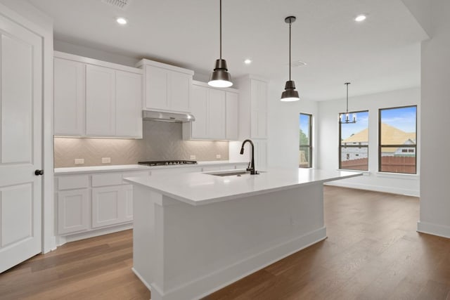 1243 Robin Trl, Round Rock, TX 78681 - kitchen featuring under cabinet range hood, decorative backsplash, a kitchen island with sink, light wood-style flooring, and stovetop