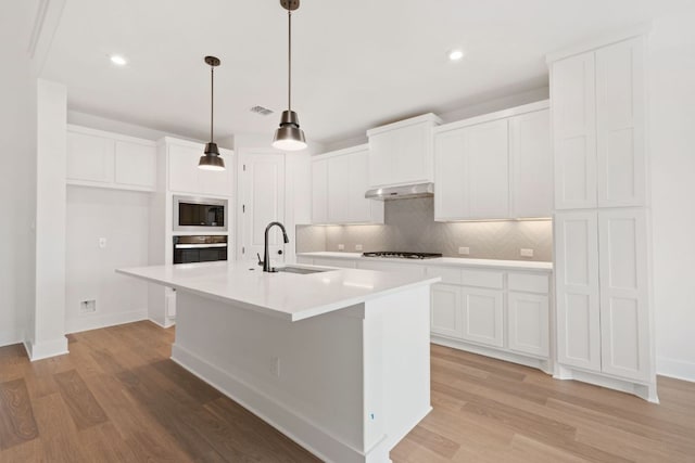 1243 Robin Trl, Round Rock, TX 78681 - kitchen featuring a sink, ventilation hood, oven, built in microwave, and light wood-type flooring