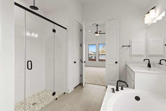 1243 Robin Trl, Round Rock, TX 78681 - full bath featuring a ceiling fan, a stall shower, a bath, and vanity
