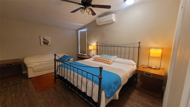 12410 Twin Creek Rd, Manchaca, TX 78652 - bedroom featuring a ceiling fan, a wall mounted AC, vaulted ceiling, and wood finished floors