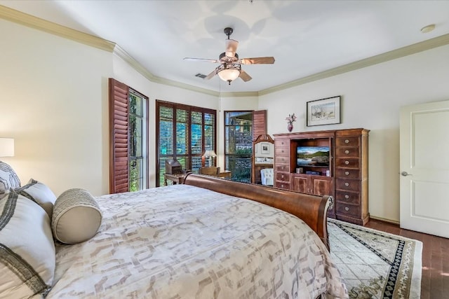 bedroom featuring crown molding, ceiling fan, and hardwood / wood-style flooring