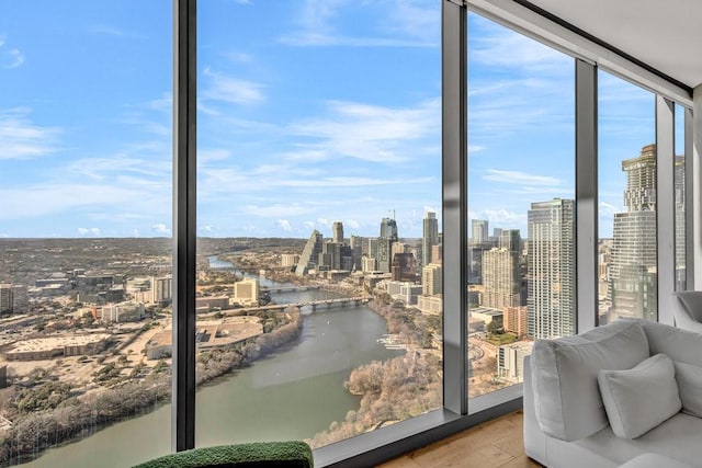 interior space with a water view