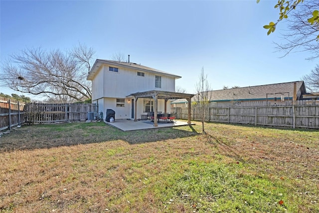 back of property featuring a pergola, a lawn, and a patio