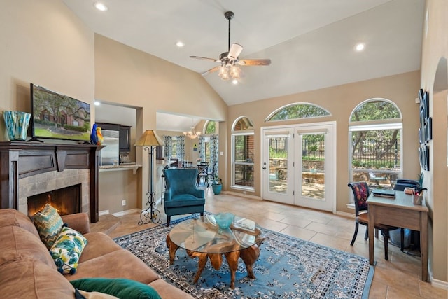 104 Fenway Ct, Lakeway, TX 78734 - living room with ceiling fan, a chandelier, light tile patterned floors, recessed lighting, and a tile fireplace