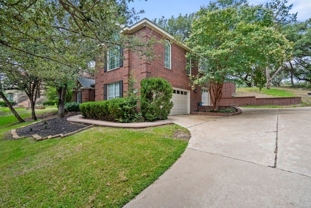 104 Fenway Ct, Lakeway, TX 78734 - view of property exterior with concrete driveway, an attached garage, brick siding, and a lawn