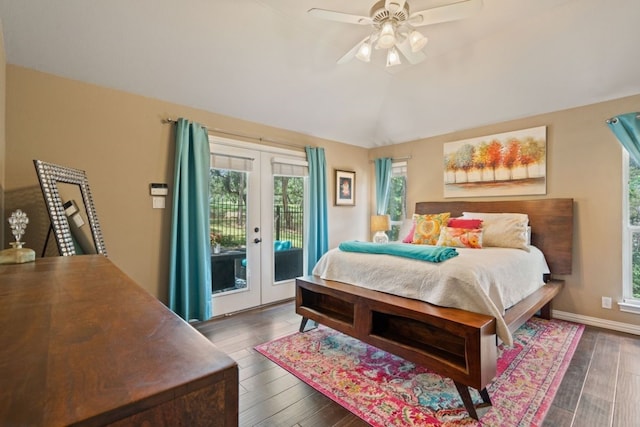 bedroom featuring lofted ceiling, access to outside, ceiling fan, dark wood-type flooring, and french doors