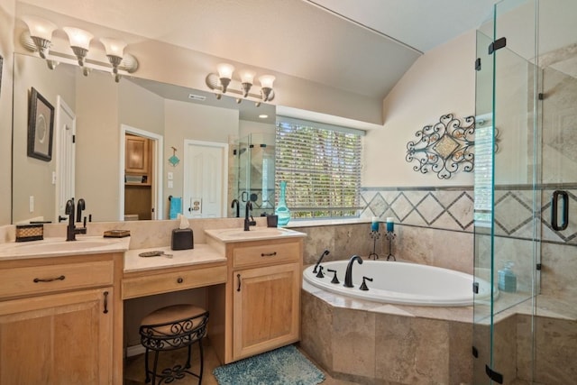 bathroom featuring shower with separate bathtub, lofted ceiling, vanity, and tile patterned floors