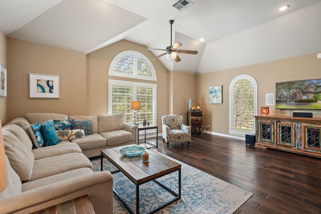 living room with lofted ceiling, dark hardwood / wood-style floors, and ceiling fan