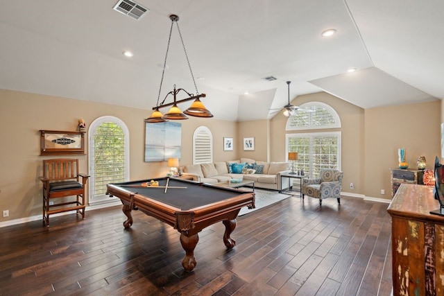 recreation room with vaulted ceiling, pool table, ceiling fan, and dark hardwood / wood-style flooring