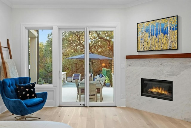 doorway to outside featuring a premium fireplace, ornamental molding, and light wood-type flooring