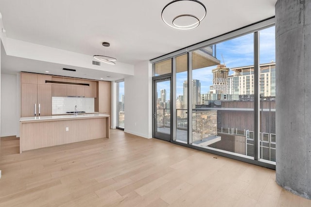 unfurnished living room featuring expansive windows, sink, and light hardwood / wood-style floors