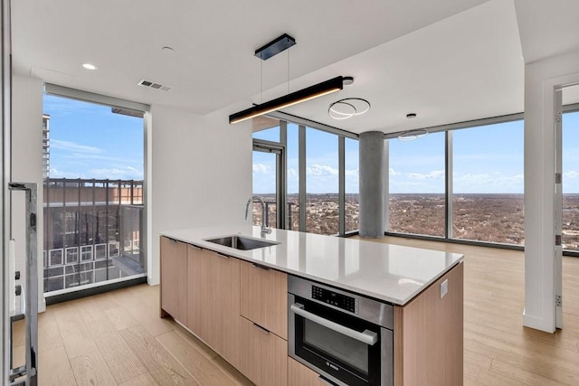 kitchen with expansive windows, stainless steel oven, light hardwood / wood-style floors, and sink