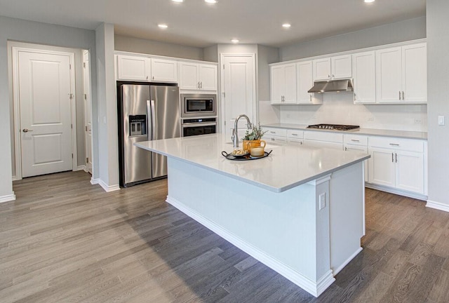 kitchen featuring light wood-style flooring, under cabinet range hood, a sink, appliances with stainless steel finishes, and an island with sink