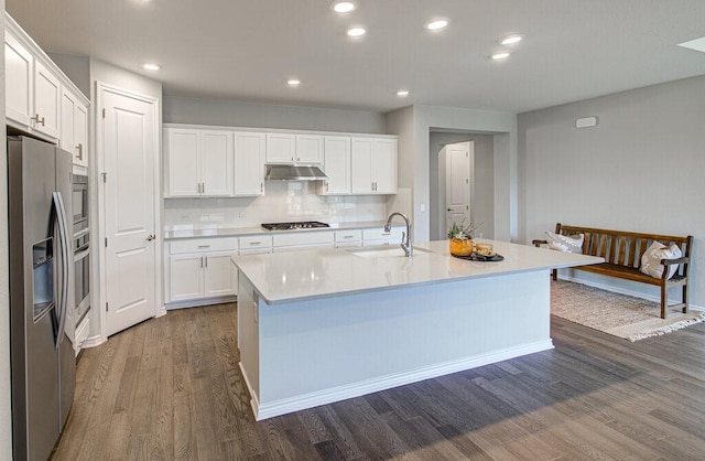 kitchen with under cabinet range hood, dark wood-style flooring, a sink, white cabinets, and appliances with stainless steel finishes