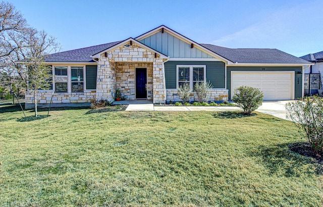 craftsman house with concrete driveway, board and batten siding, an attached garage, and stone siding