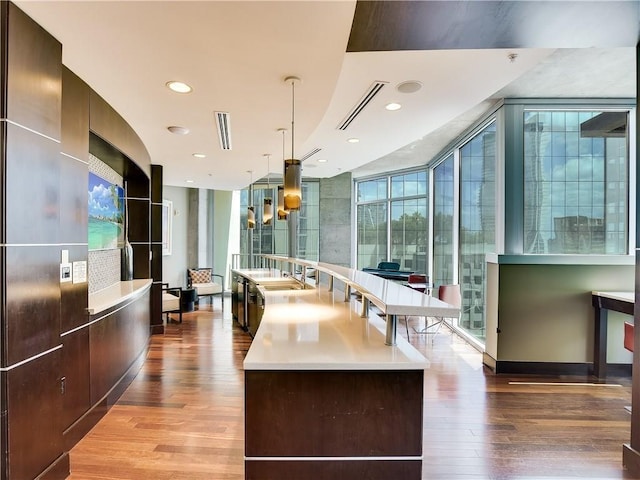 kitchen featuring light countertops, a wall of windows, light wood-style flooring, and a healthy amount of sunlight