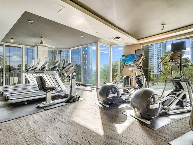 exercise room with a healthy amount of sunlight, expansive windows, and visible vents