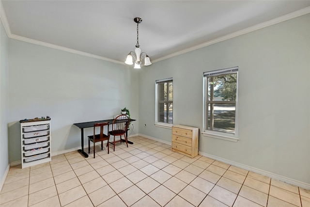 home office with ornamental molding and a notable chandelier