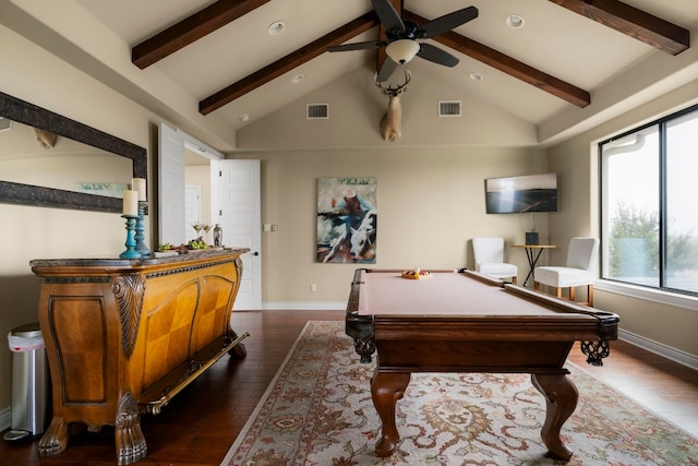 rec room with dark wood-type flooring, ceiling fan, high vaulted ceiling, pool table, and beamed ceiling