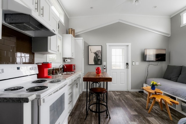 kitchen featuring white cabinetry, sink, white electric range, and dark hardwood / wood-style flooring