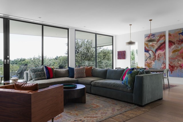 living room featuring dark wood-type flooring and floor to ceiling windows