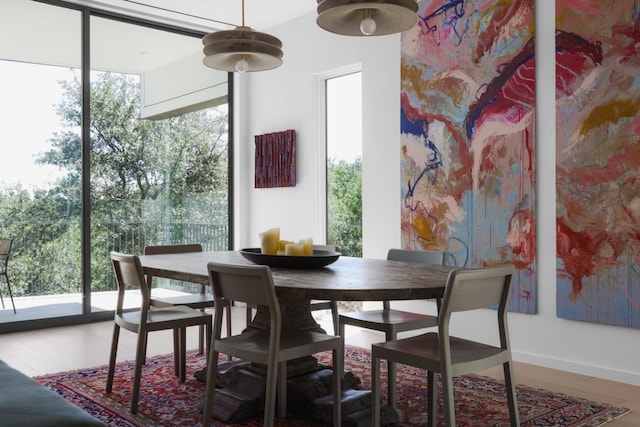 dining space featuring expansive windows and wood-type flooring