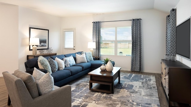 living room with vaulted ceiling and dark hardwood / wood-style floors