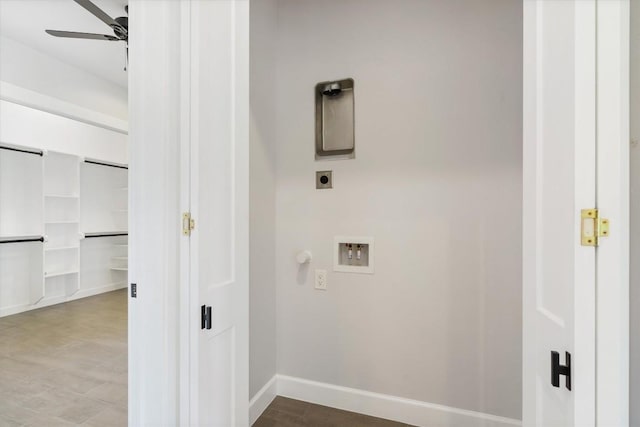 laundry room with hookup for a washing machine, electric dryer hookup, and ceiling fan