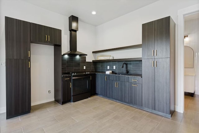 kitchen with sink, decorative backsplash, black range with electric stovetop, dark brown cabinets, and wall chimney exhaust hood