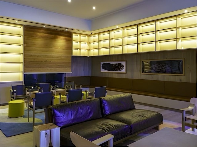 cinema featuring light hardwood / wood-style floors