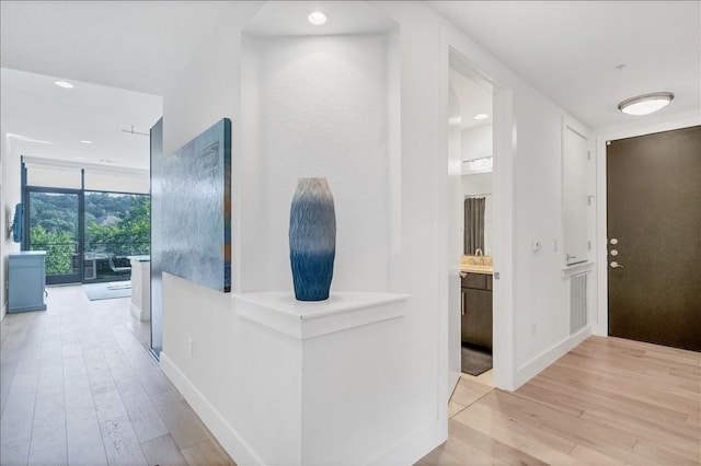 hallway featuring floor to ceiling windows and light wood-type flooring