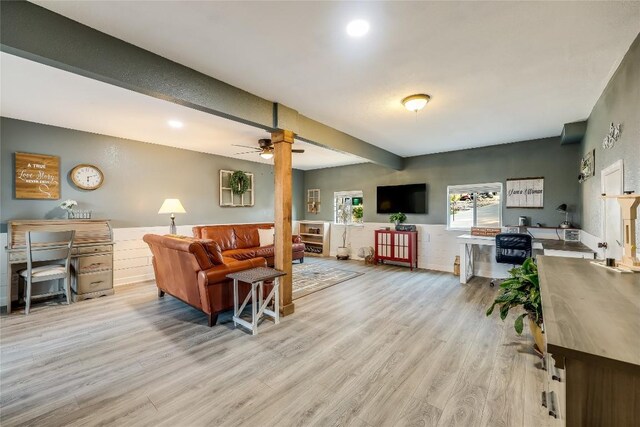 3709 Alamo Cv, Lago Vista, TX 78645 - living room with wood finished floors, a ceiling fan, wainscoting, and recessed lighting