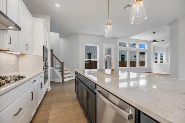 kitchen featuring visible vents, appliances with stainless steel finishes, white cabinets, a sink, and ventilation hood