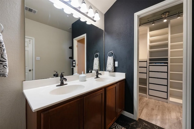 bathroom with vanity and wood-type flooring