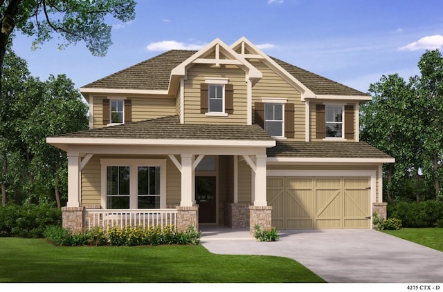 craftsman house with a garage, a front yard, and covered porch