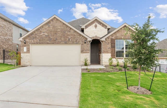 6420 Apache Plum Ln, Spicewood, TX 78669 - french country style house featuring stone siding, driveway, an attached garage, and brick siding
