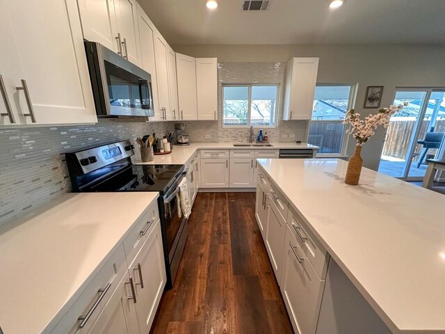 kitchen with sink, dark wood-type flooring, white cabinetry, stainless steel appliances, and a wealth of natural light