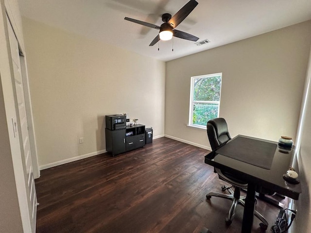 office area featuring dark hardwood / wood-style floors and ceiling fan